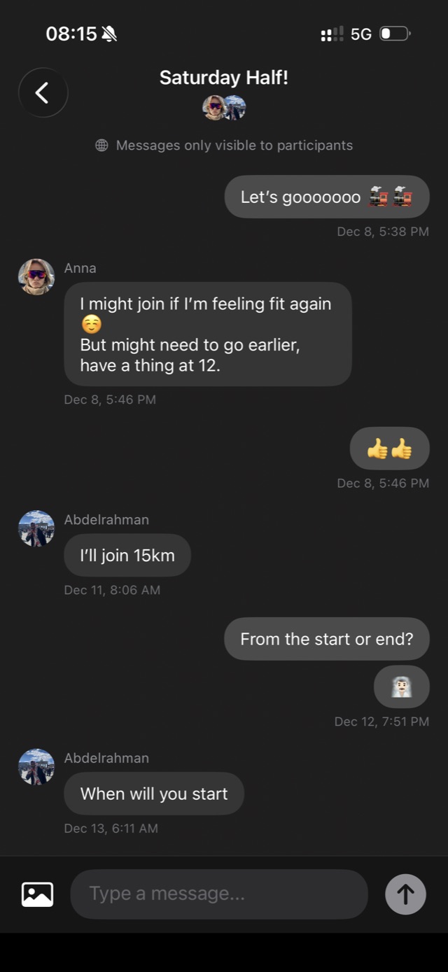 Runners coordinating a group run in the built-in chat