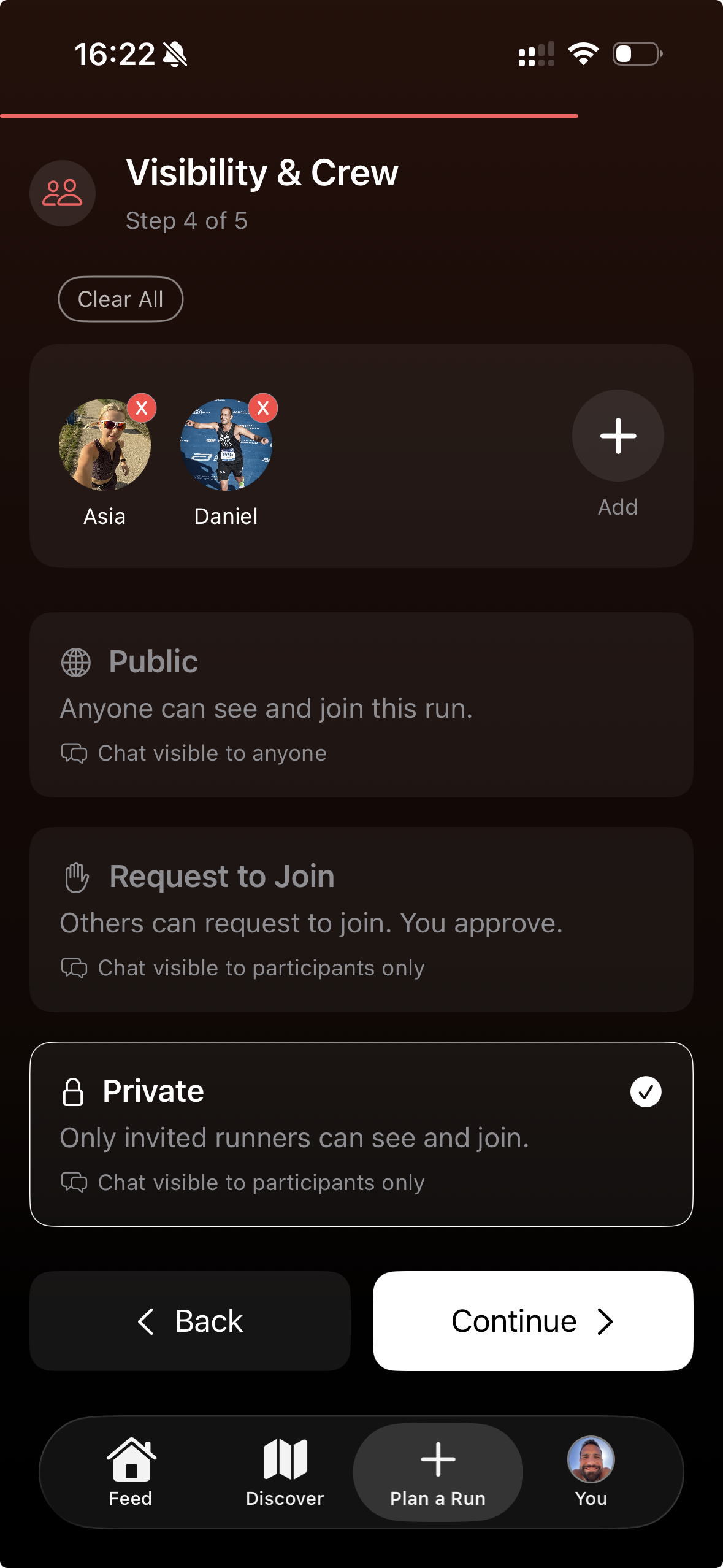 Run visibility controls: Public, Request to Join, and Private options