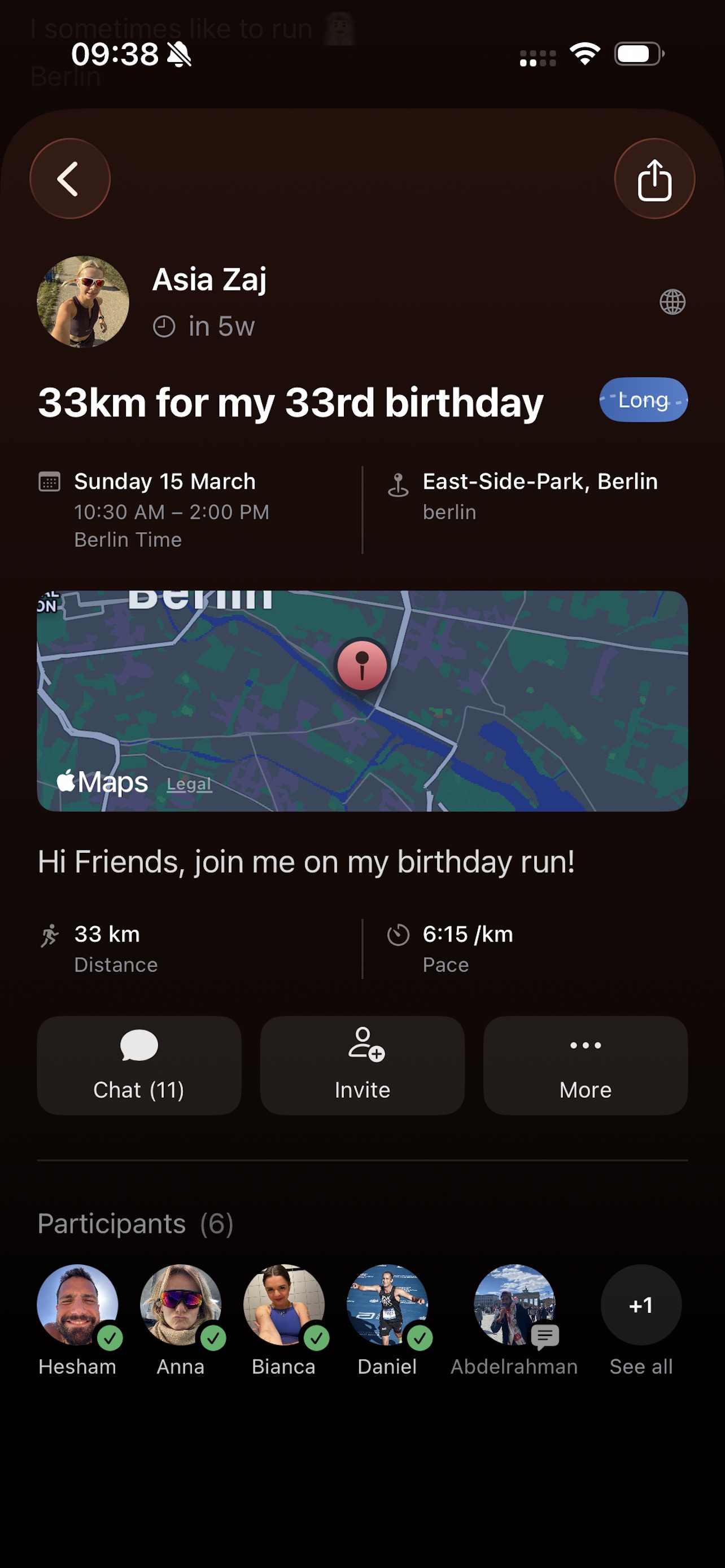 Group run details with pace, distance, map, and participants